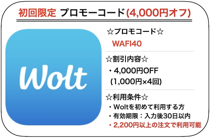 Wolt(ウォルト)初回プロモコード【合計4,000円OFF】