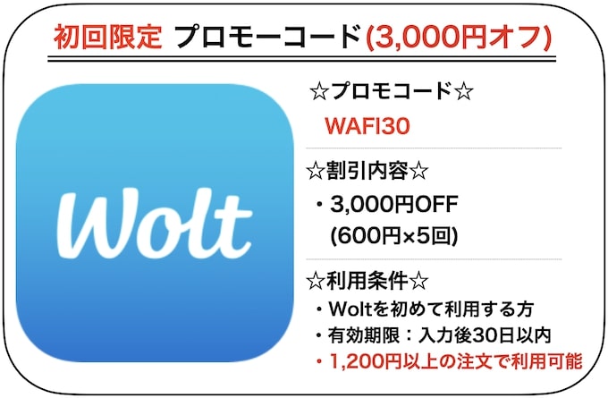 Wolt(ウォルト)合計3,000円OFF初回クーポン【WAFI30】