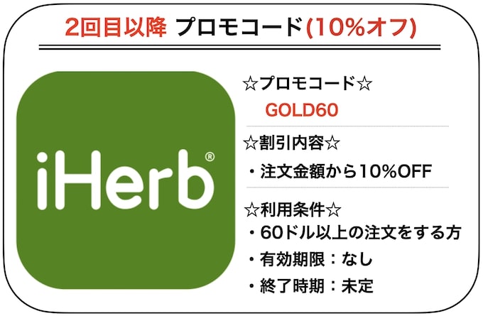iHerb(アイハーブ)2回目以降で使えるプロモコード【GOLD60】