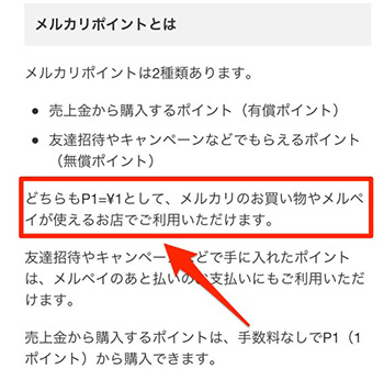 メルカリポイントは『1P＝1円』として利用可能