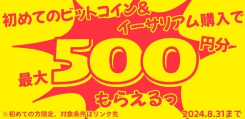 初めてのビットコイン&イーサリアム購入500ポイントキャンペーン！【24/8/31まで】