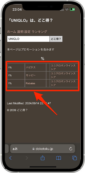 実際にどこ得を使ってポイ活サイトの還元率を検証②｜UNIQLO